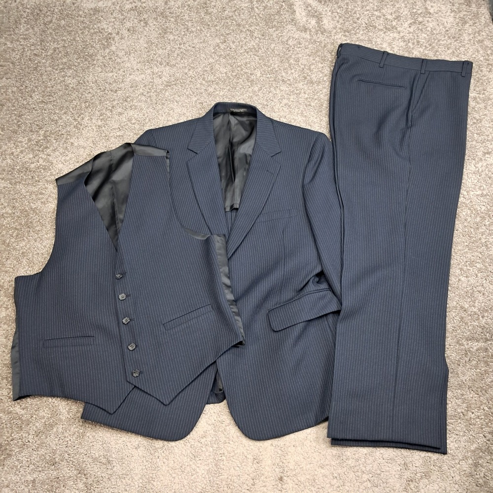 Hunt Club LTD Mens 3-Piece Suit Navy Blue Pinstripe Blazer Vest Pants 36W 29L